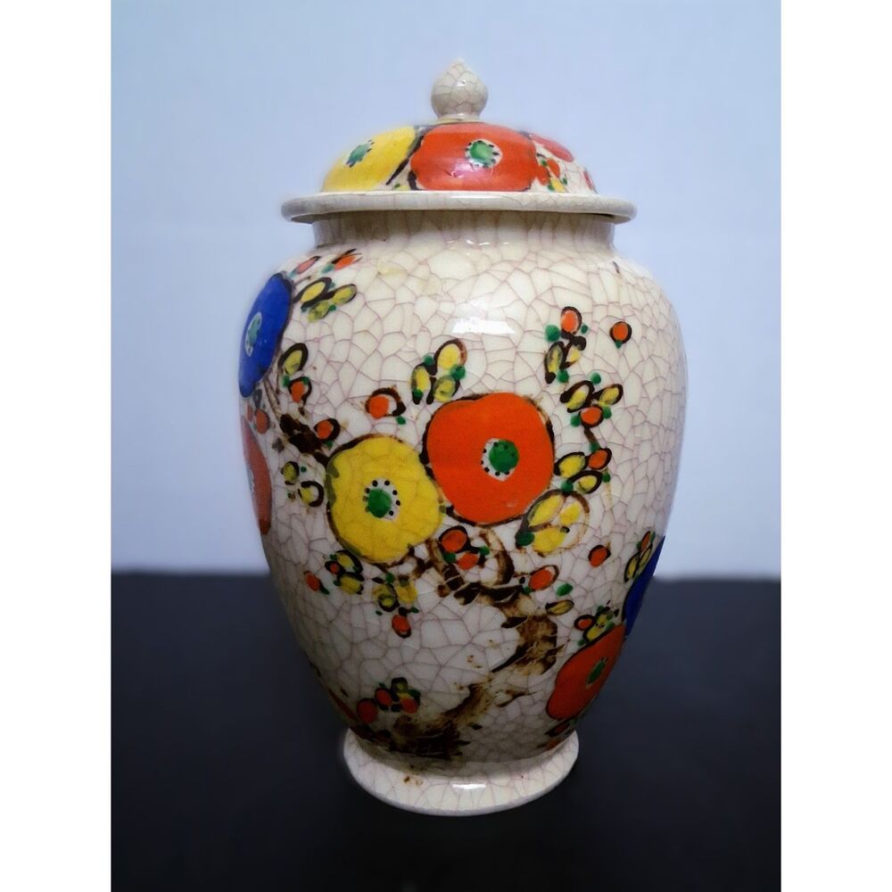 Vintage Hand-Painted Flowers Crackle Glaze Japanese Ginger Jar Temple Jar w Lid